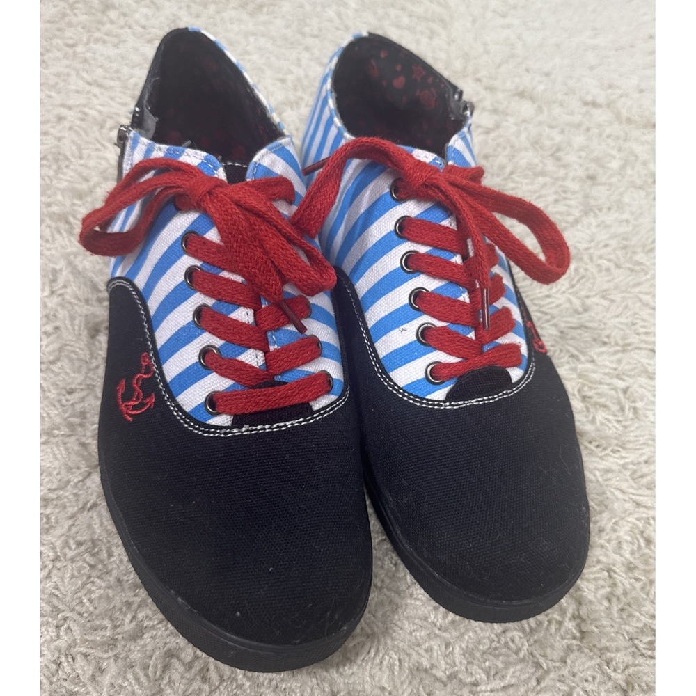 T.U.K. Womens 8 Nautical Anchor Sneakers Blue Stripe Rockabilly Psychobilly Punk - Picture 3 of 14